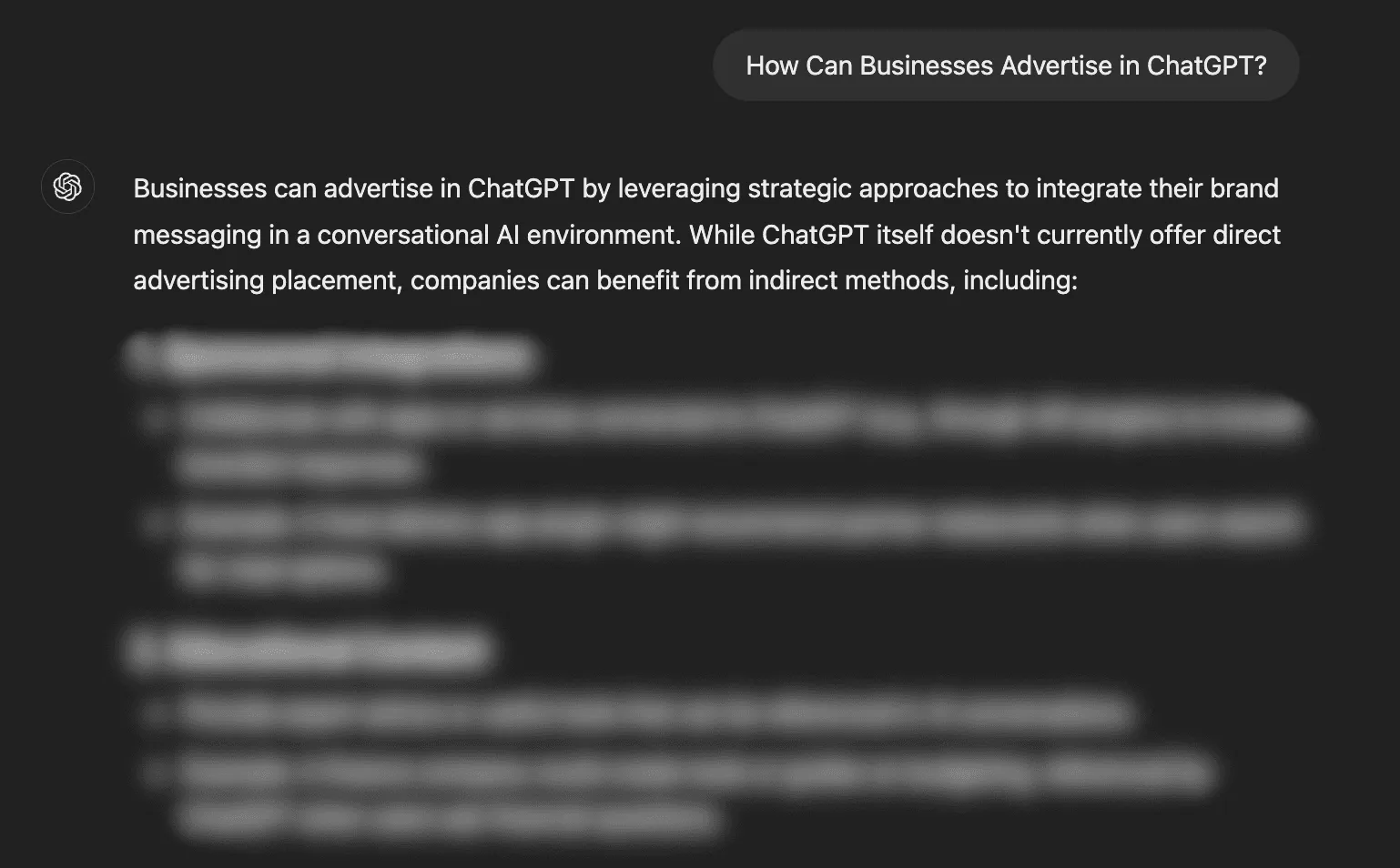 A 2024 ChatGPT answer to the question "How Can Businesses Advertise in ChatGPT?" with most of the answer blurred out