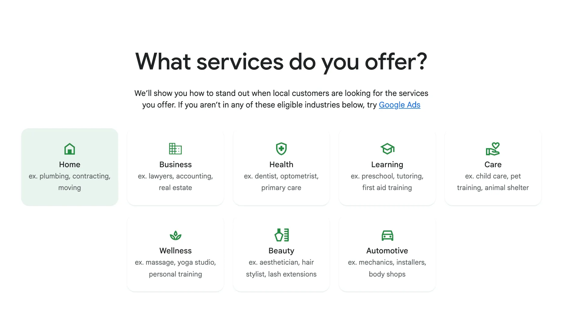 Google Local Services Ads screen asking 'What services do you offer?' with category cards for Home, Business, Health, Learning, Care, Wellness, Beauty and Automotive