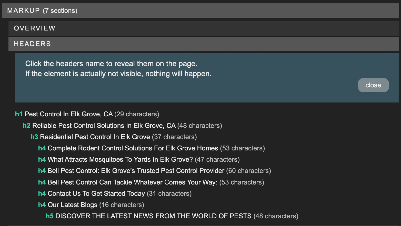 Heading structure of a pest control location page for Elk Grove, CA, shown in the META SEO Inspector Chrome extension