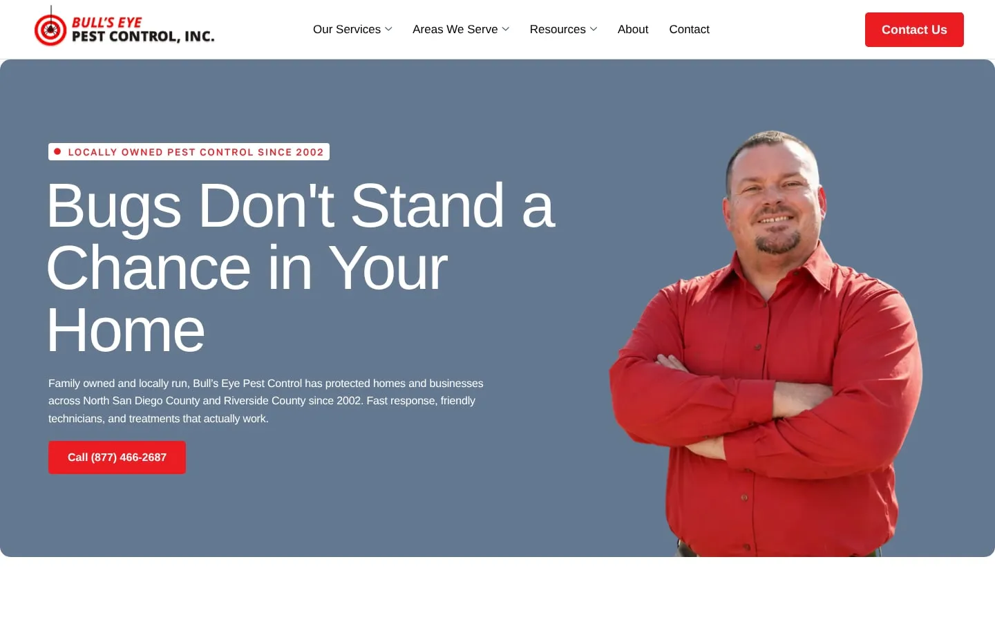 Homepage of the Bull’s Eye Pest Control website