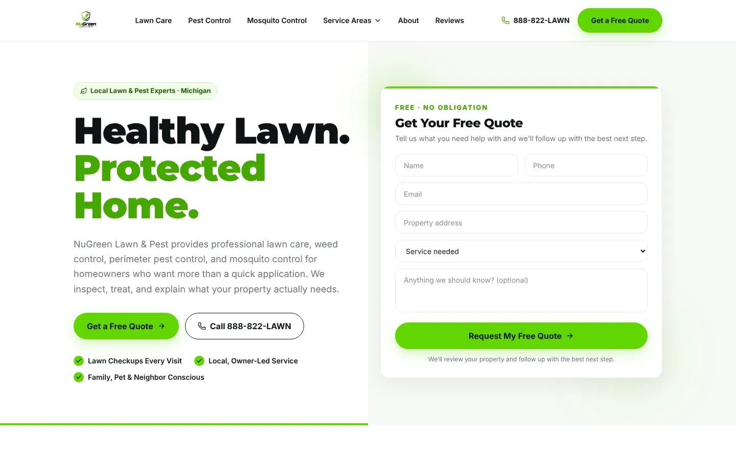 Homepage of the NuGreen Lawn & Pest website