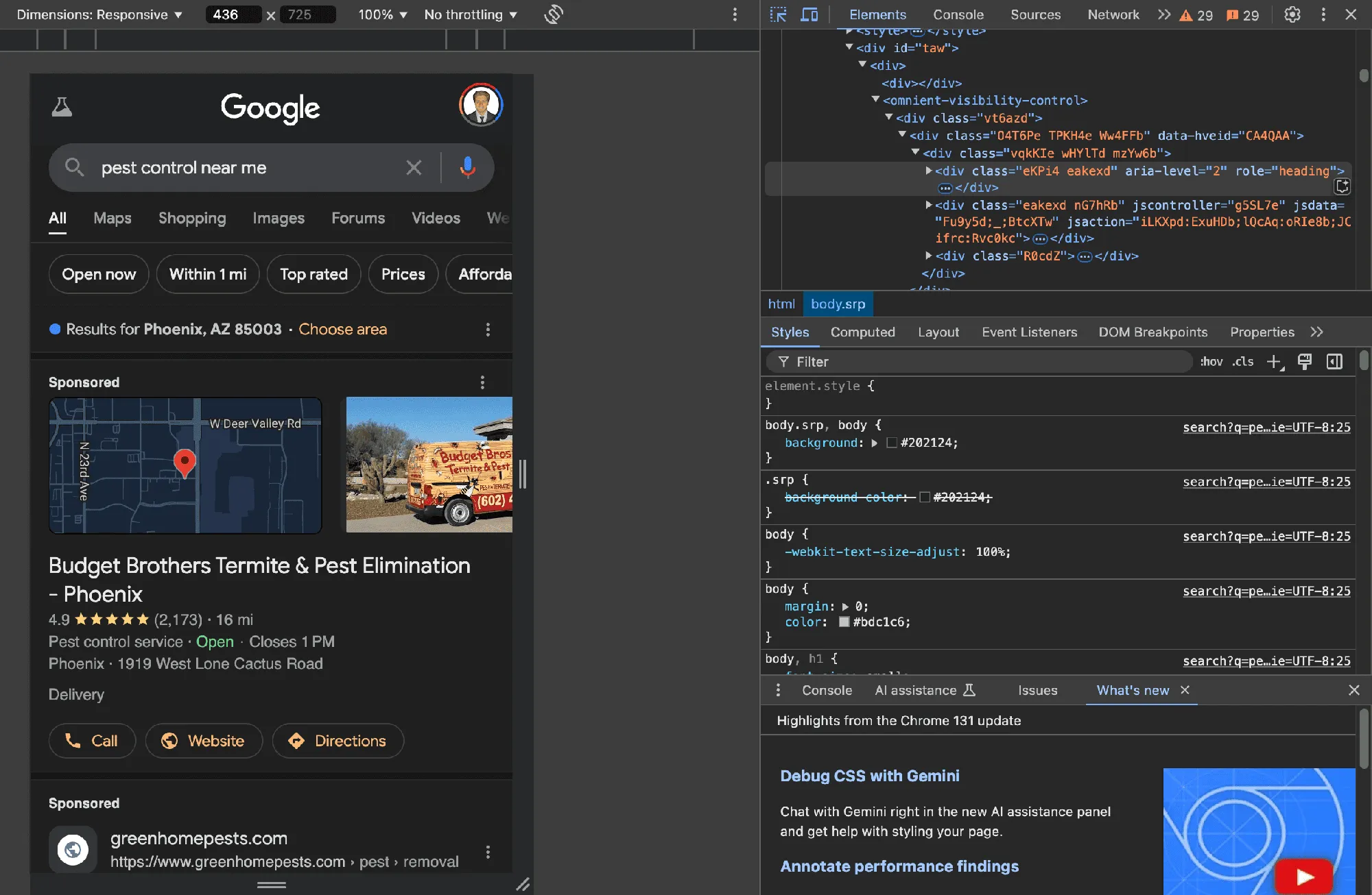 Chrome DevTools device mode showing a mobile Google search for pest control near me in Phoenix, AZ, with sponsored results at the top